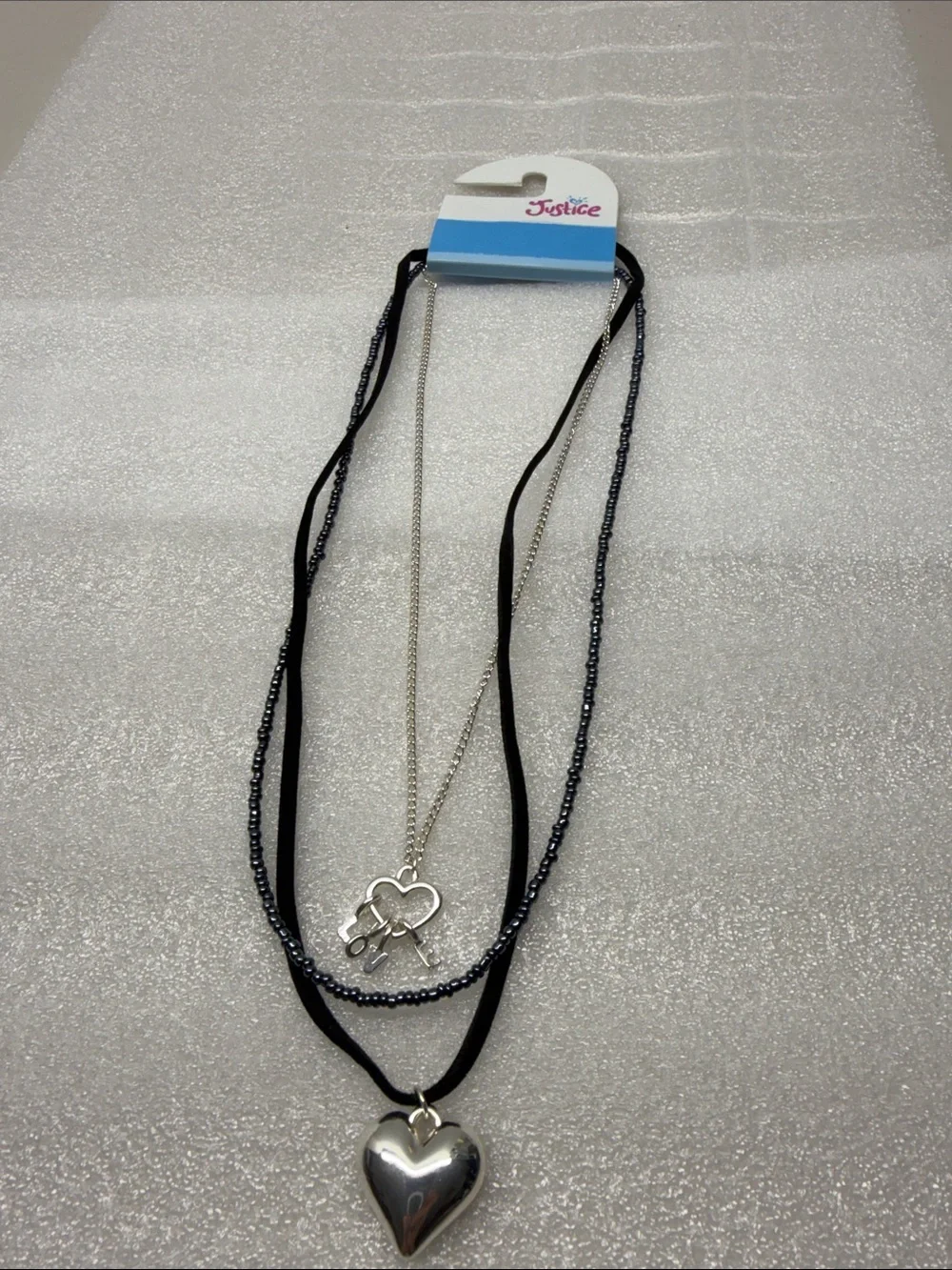 Justice Silver Layered Heart & Key Pendant Necklace with Black Strands